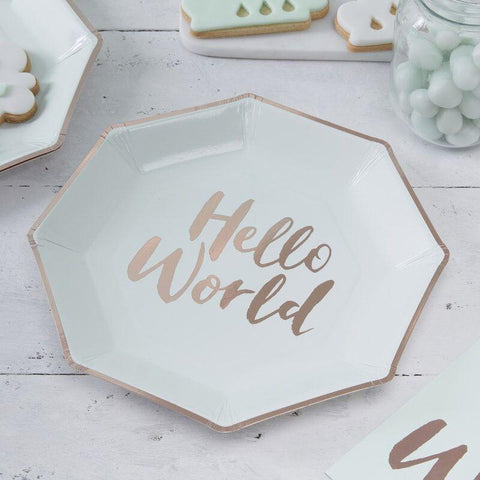 Baby Shower Hello World Plates (8) - Mint & Rose Gold (23cm) Ginger Ray