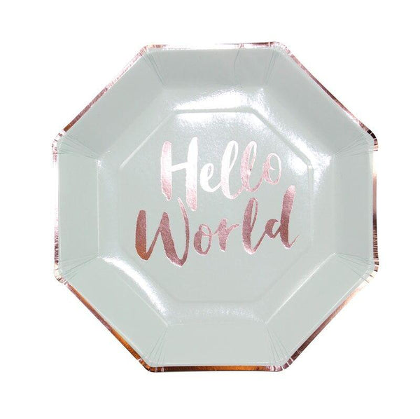 Baby Shower Hello World Plates (8) - Mint & Rose Gold (23cm) Ginger Ray
