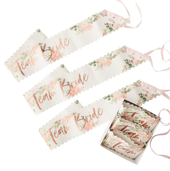 Floral hen party sashes with rose gold for a hen party