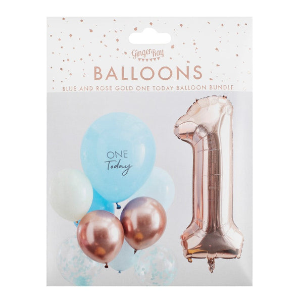 Blue and rose gold 1st birthday balloon kit