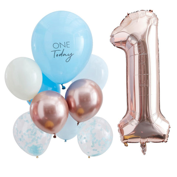 Blue and rose gold 1st birthday balloon kit