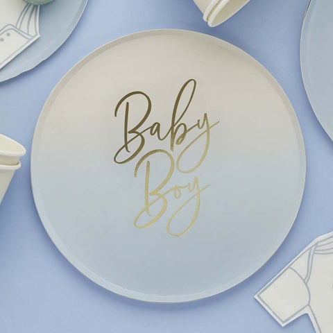 Pale Blue & Gold Foiled Baby Shower Plates (8) - Unique Party Supplies NZ