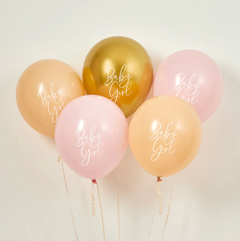 Baby Girl Balloons (12in) - Pink, Nude, Gold (5) - Unique Party Supplies NZ