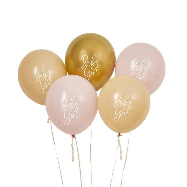 Baby Girl Balloons (12in) - Pink, Nude, Gold (5) - Unique Party Supplies NZ
