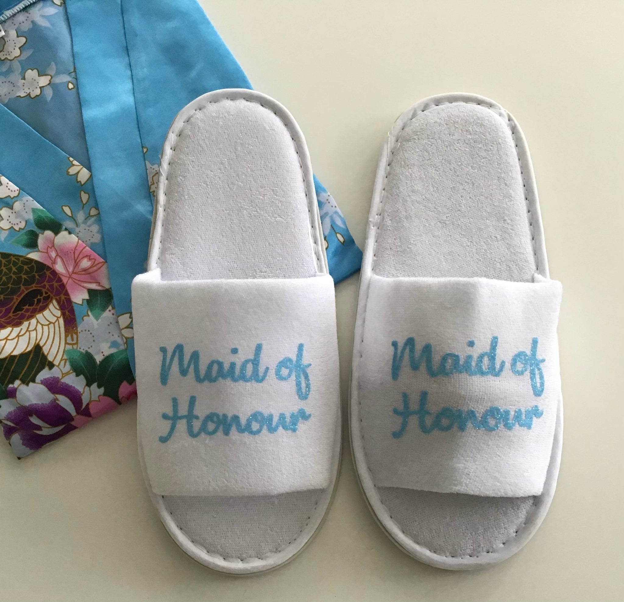 Maid of Honour Slippers - Light Blue Glitter Script, Style C Handmade
