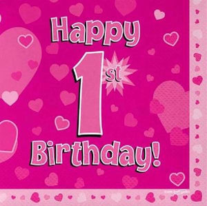 1st Birthday Napkins - Bright Pink (16) Crosswear