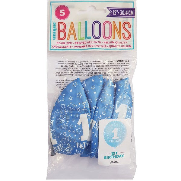 1st Birthday Balloons (5) - Pale Blue (12") Unique Party Supplies