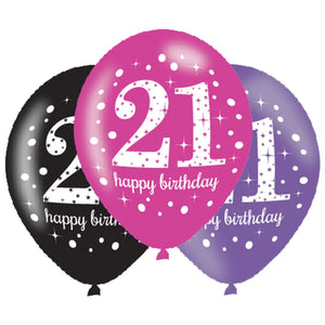 21st Birthday Balloons (6) - Pink/Purple/Black (27.5cm) Unique Party Supplies NZ