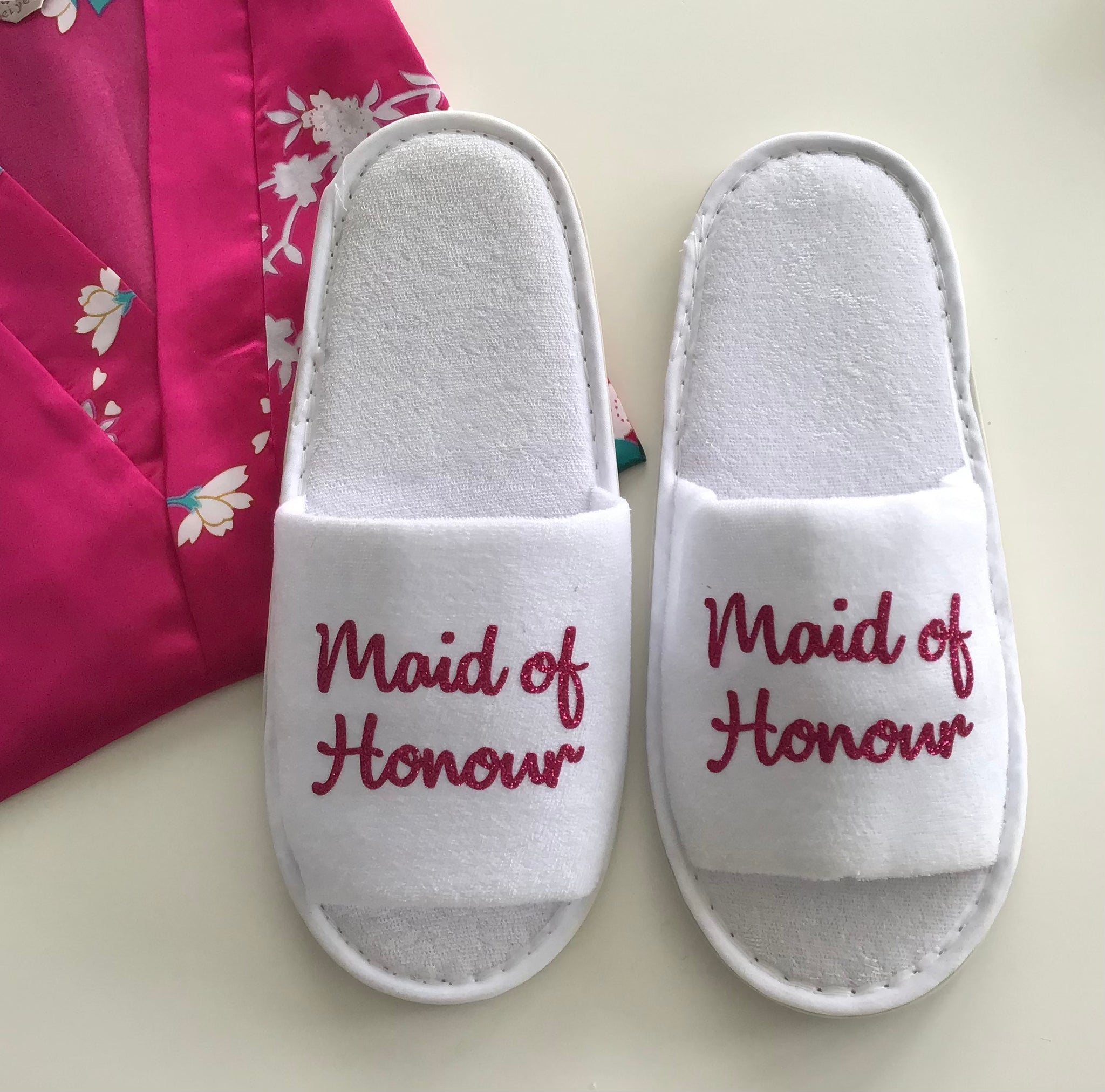 Maid of Honour Slippers - Hot Pink Glitter Script, Style C Handmade