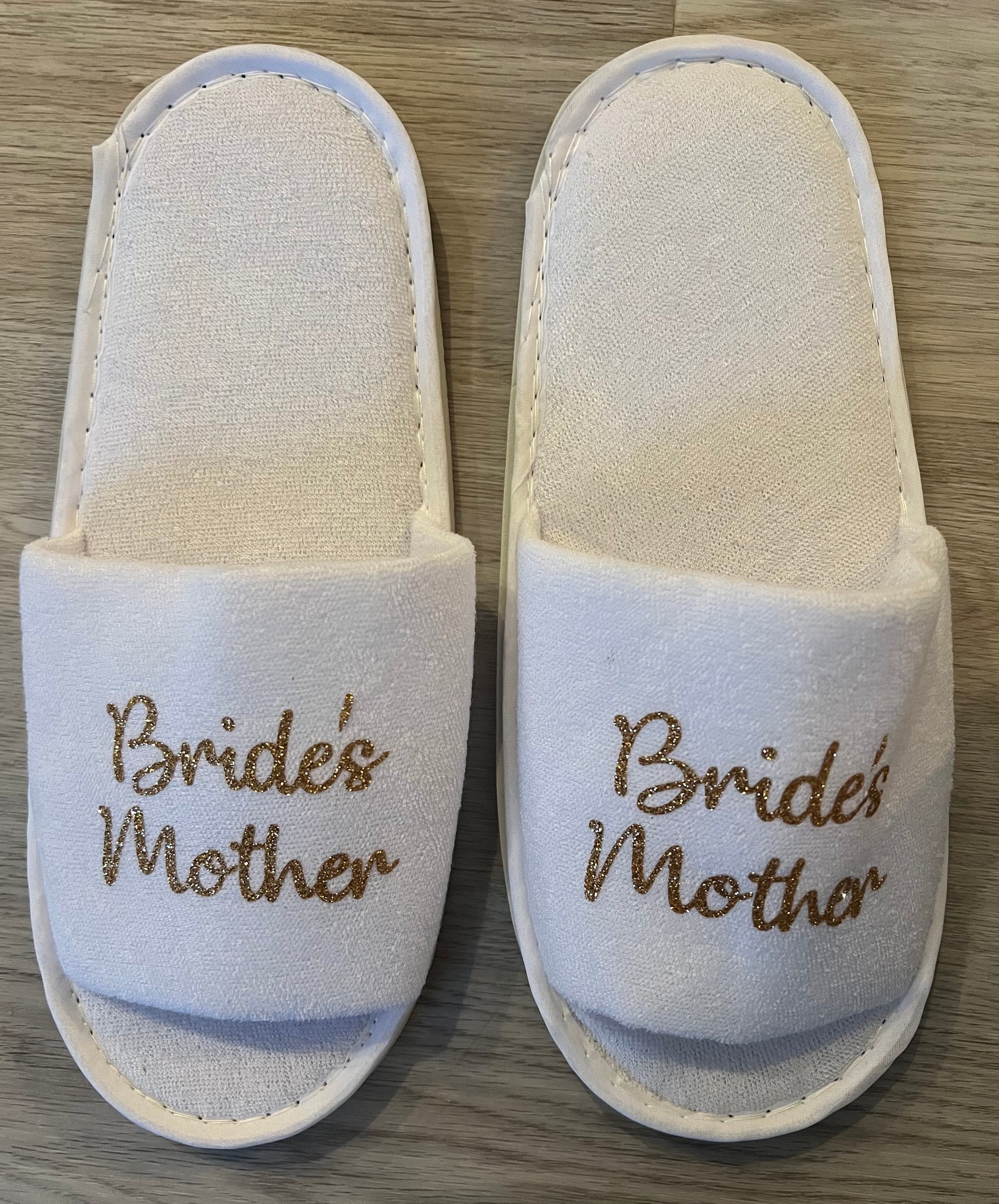 Bride's Mother Slippers - Gold Glitter Script, Style D Handmade