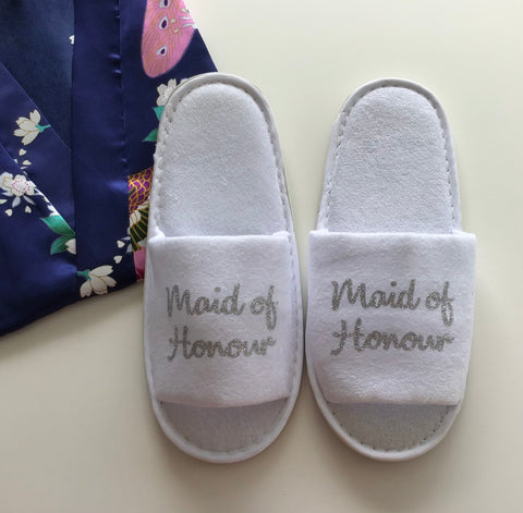 Maid of Honour Slippers - Silver Glitter Script, Style B Handmade