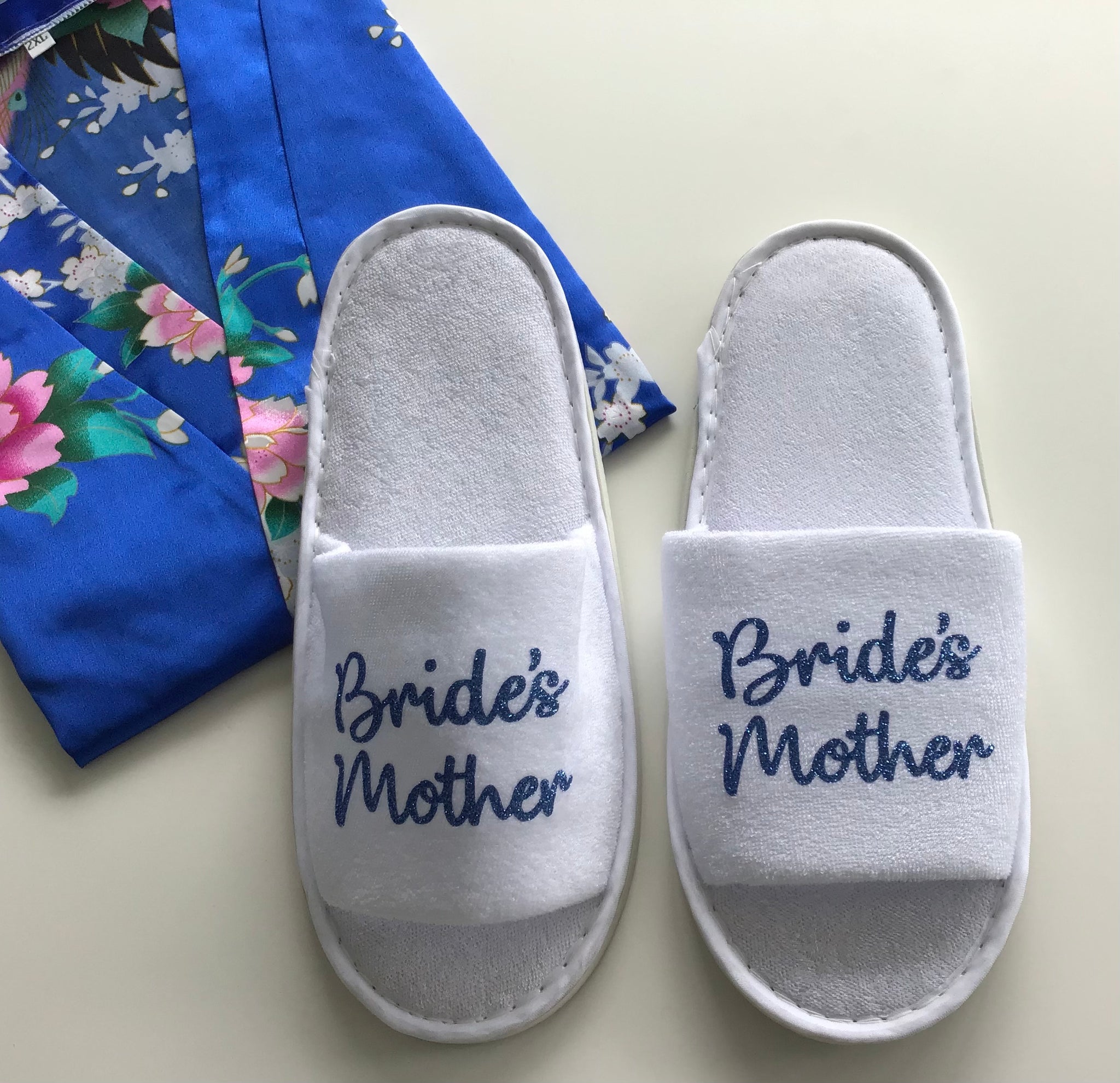 Bride's Mother Slippers - Blue Glitter Script, Style C Handmade