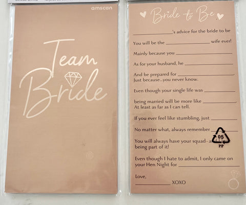 Team Bride Advice Cards (8) Amscan Australia