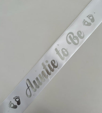 Auntie to Be Sash - White with Silver *NEW FABRIC* Handmade