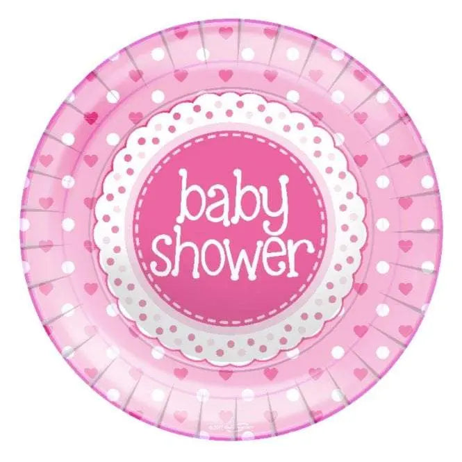 Baby Shower Plates: Dots/Hearts - Pink Unique Party Supplies NZ