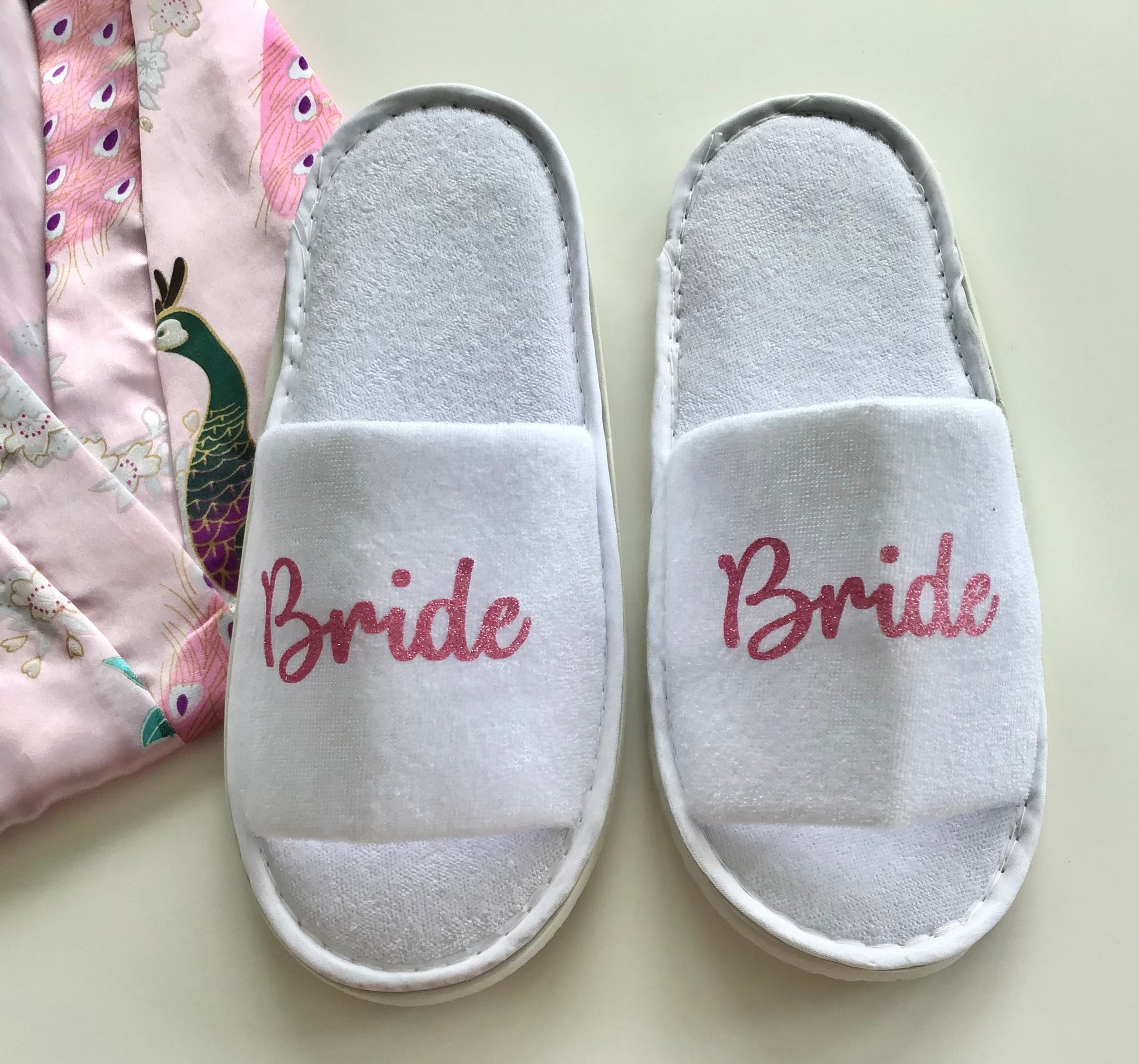Bride Slippers - Light Pink Glitter Script, Style C Handmade