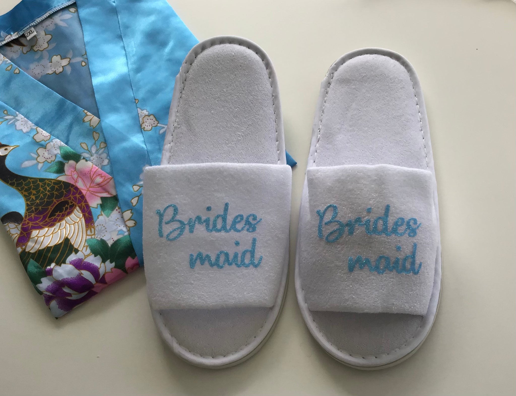 Bridesmaid Slippers - Light Blue Glitter Script, Style C Handmade