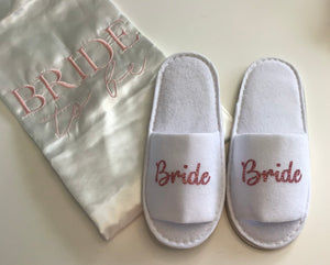 Bride Slippers - Rose Gold Glitter Script, Style C Handmade