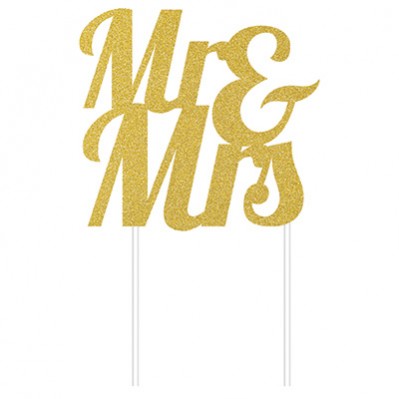 Gold Glitter 'Mr & Mrs' Cake Topper Unique Party Supplies NZ