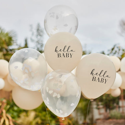 Taupe and cloud confetti neutral themed baby shower balloons