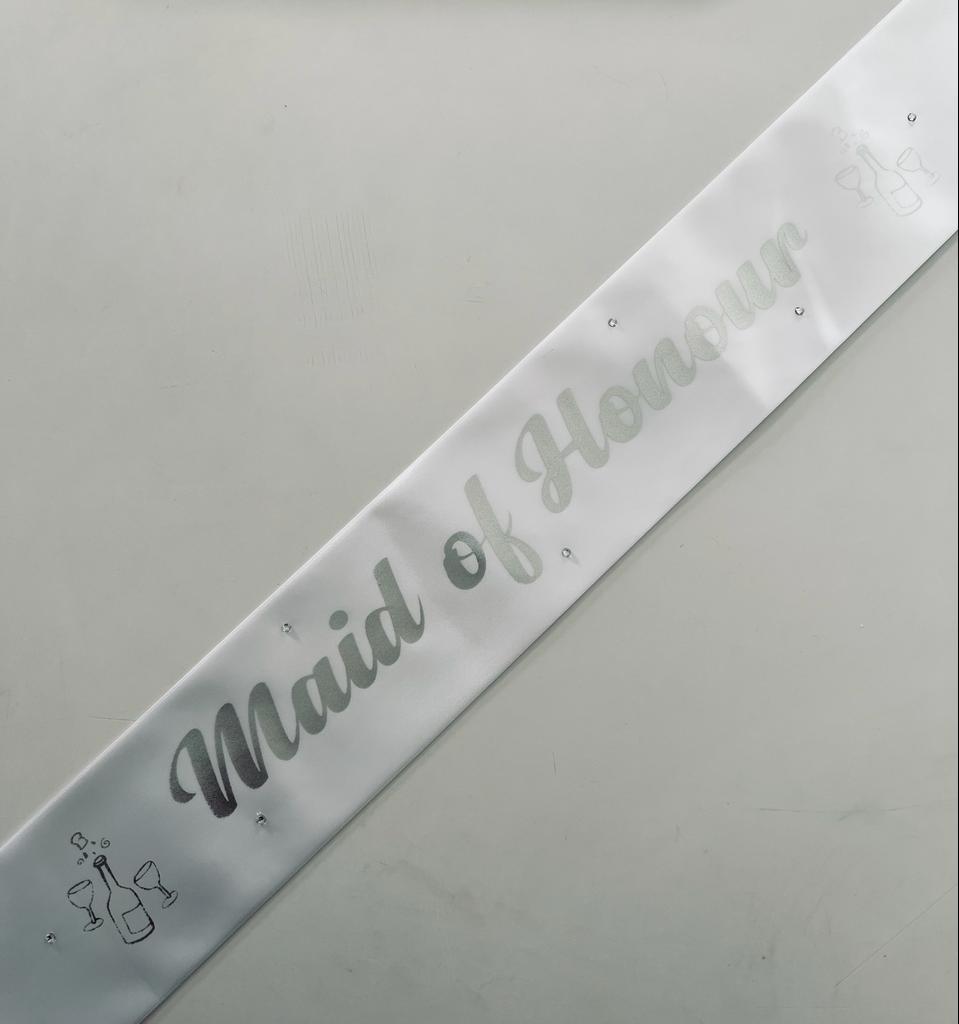 Maid of Honour Sash - White with Silver *NEW FABRIC* Handmade