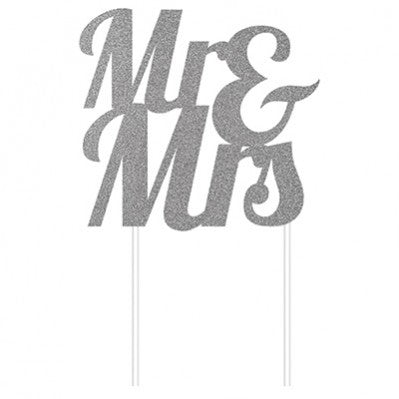 Silver Glitter 'Mr & Mrs' Cake Topper Unique Party Supplies NZ