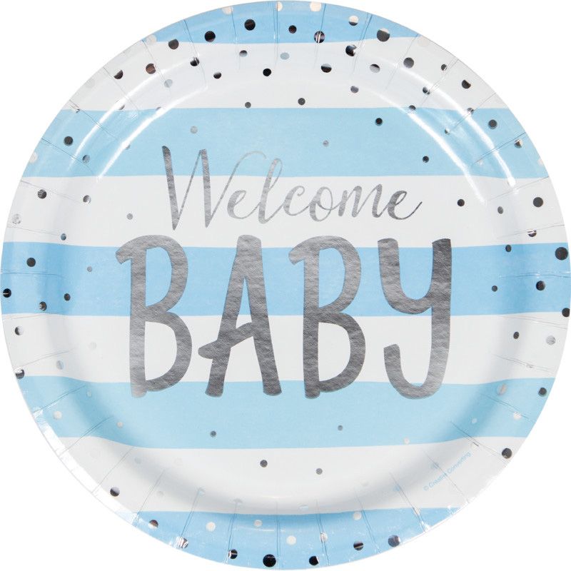 Welcome Baby Plates (8) - Blue & Silver (23cm) Crosswear