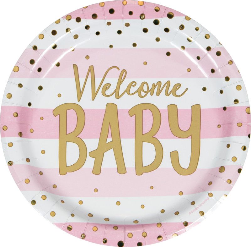 Welcome Baby Plates (8) - Pink & Gold (23cm) Crosswear