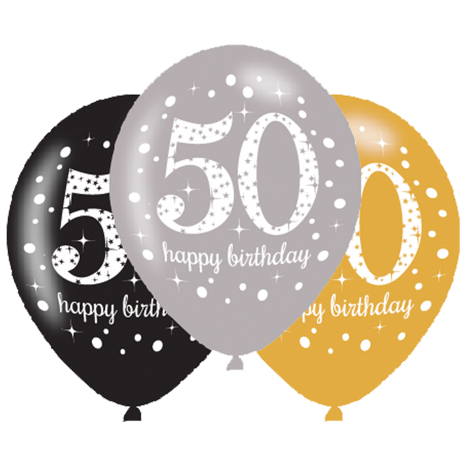 50th Birthday Balloons (6) - Gold/Silver/Black (27.5cm) Unique Party Supplies NZ