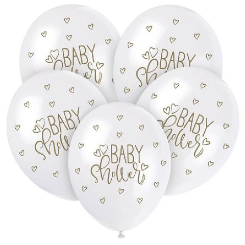Baby Shower Balloons (5) - White & Gold (12") Crosswear