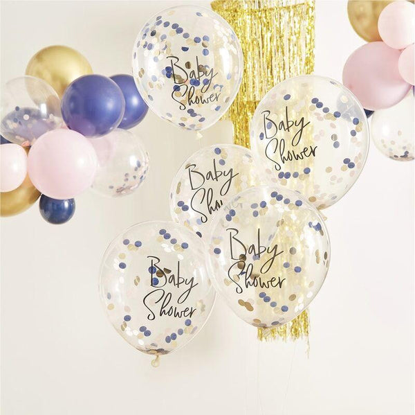Gender Reveal Balloons (5) - Gold, Pink and Navy  Confetti(12") Ginger Ray