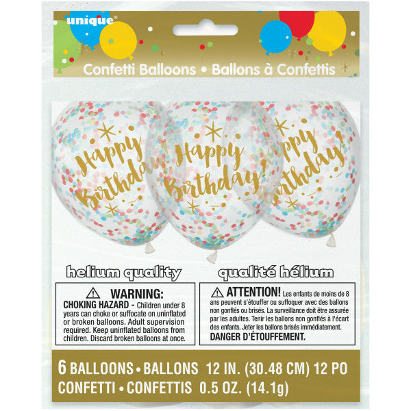 Confetti Balloons (6) - Happy Birthday (12") Unique Party Supplies