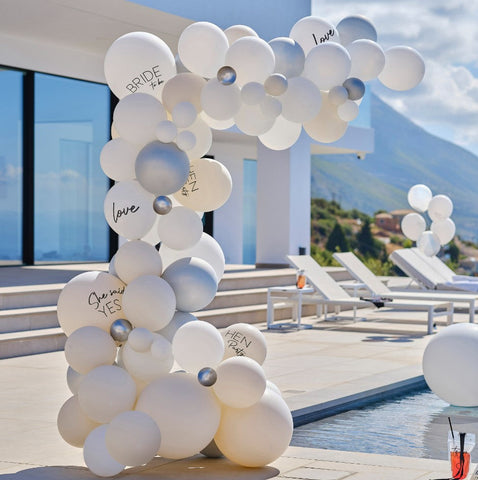 Hen party balloon arch kit in silver and white