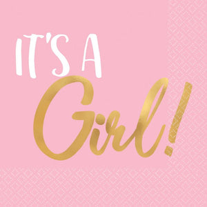 It's A Girl Baby Shower Napkins (16) - Pink and Gold Amscan Australia