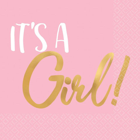 It's A Girl Baby Shower Napkins (16) - Pink and Gold Amscan Australia