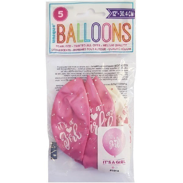 It's a Girl Pink & White Balloons (5) (12") Crosswear
