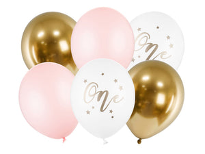1st Birthday Balloons (6) - Pink & Gold (30cm) Crosswear