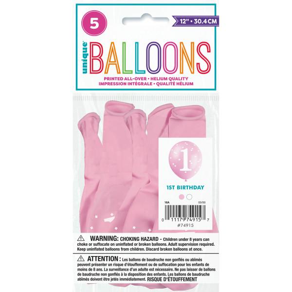 1st Bithday Balloons (5) - Pink Gingham (12") Unique Party Supplies