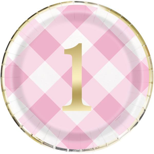 1st Bithday Plates - Pink Gingham Unique Party Supplies