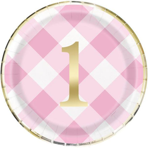 1st Bithday Plates - Pink Gingham Unique Party Supplies