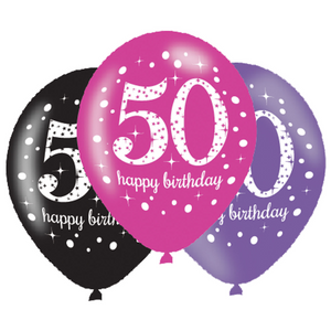 50th Birthday Balloons (6) - Pink/Purple/Black (27.5cm) Unique Party Supplies NZ